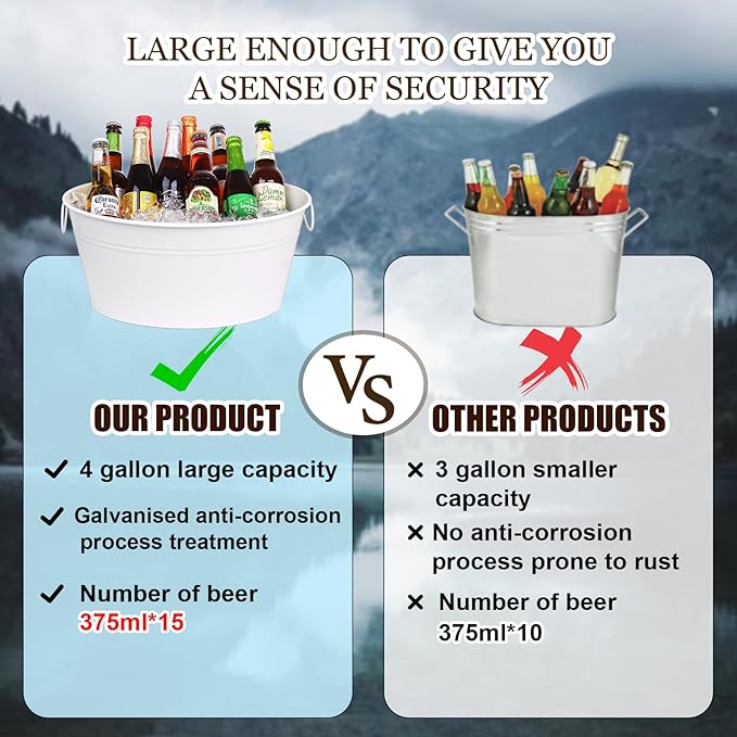 Ice Bucket, Oval Beverage Tub, Galvanized Bucket and drink Cooler for Parties, Ice Tub with Handles for Beer Sparkling Whisky Wine Cocktails (3.5gal) (White)