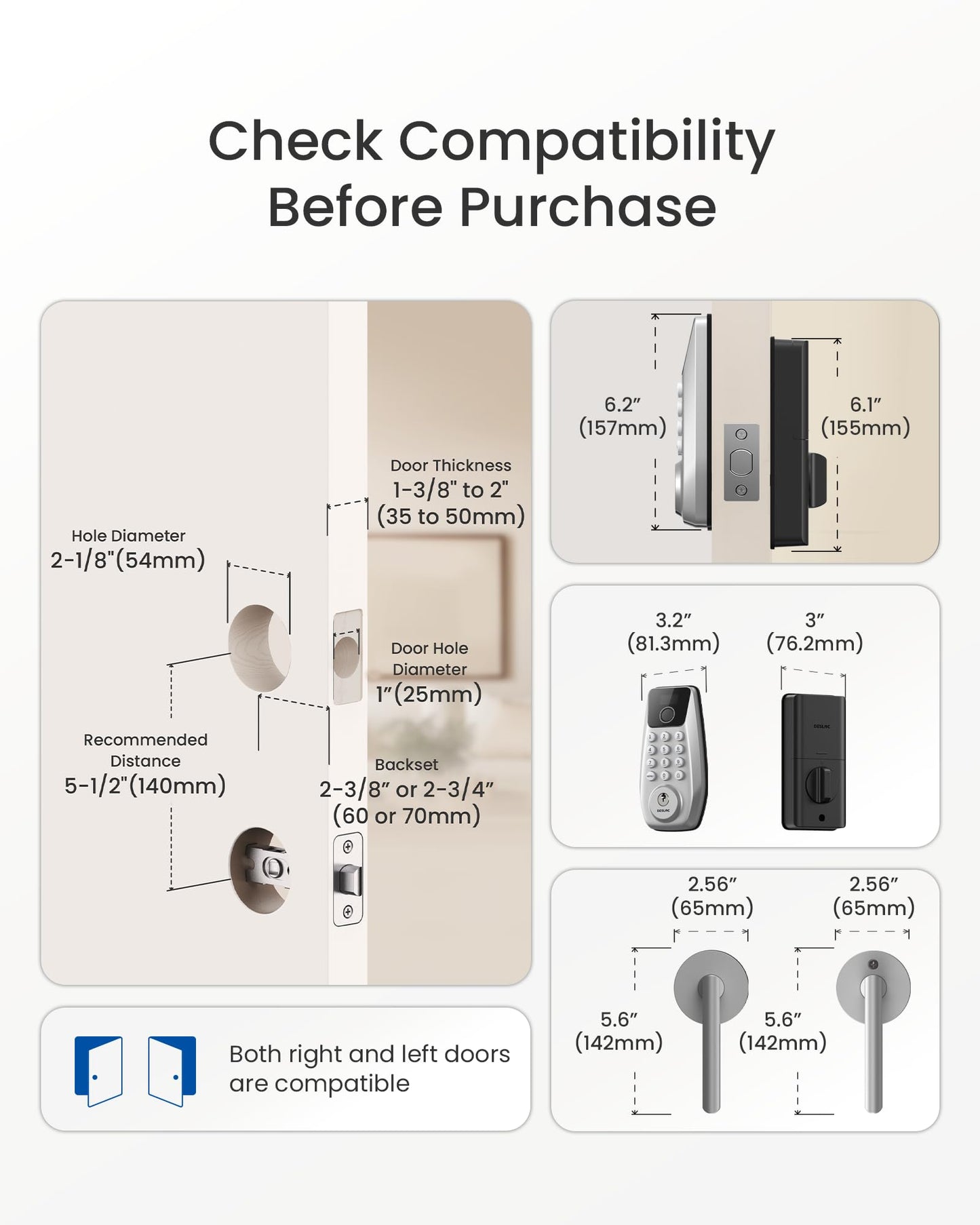 DESLOC C110 Keyless Entry Door Lock with 2 Lever Handles&Smart Screen, Digital Smart Front Door Lock Set, Fingerprint Door Locks, Keypad Deadbolt, Auto-Lock, Backlit Keys, Passage Mode, IP54 Silver