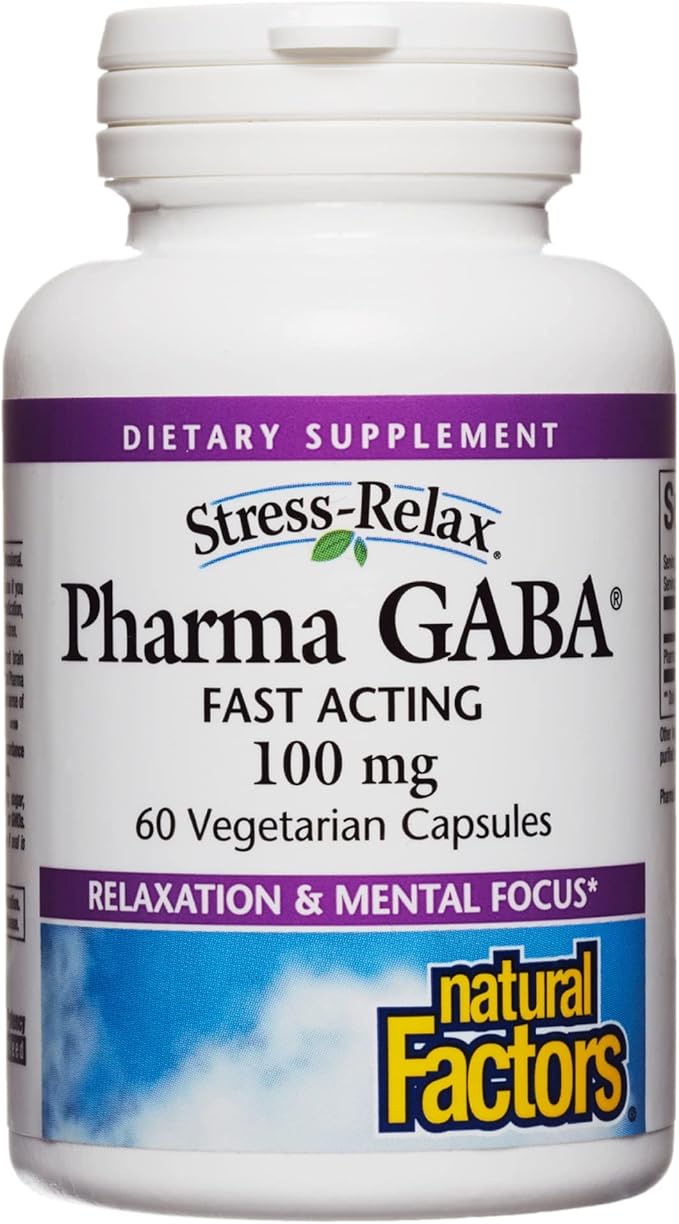 Stress-Relax Pharma GABA 100 mg by Natural Factors, Non-Drowsy Stress Support for Relaxation and Mental Focus, 60 vegetarian capsules (30 servings)