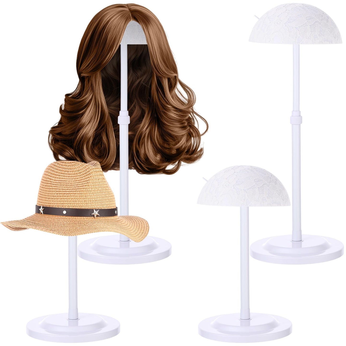 Geelin 4 Pack Wig Stand 9.8-18.9 Adjustable Height Wig Head Holder Non Slip Portable Hat/cap Display Stand for Multiple Wigs(Whi