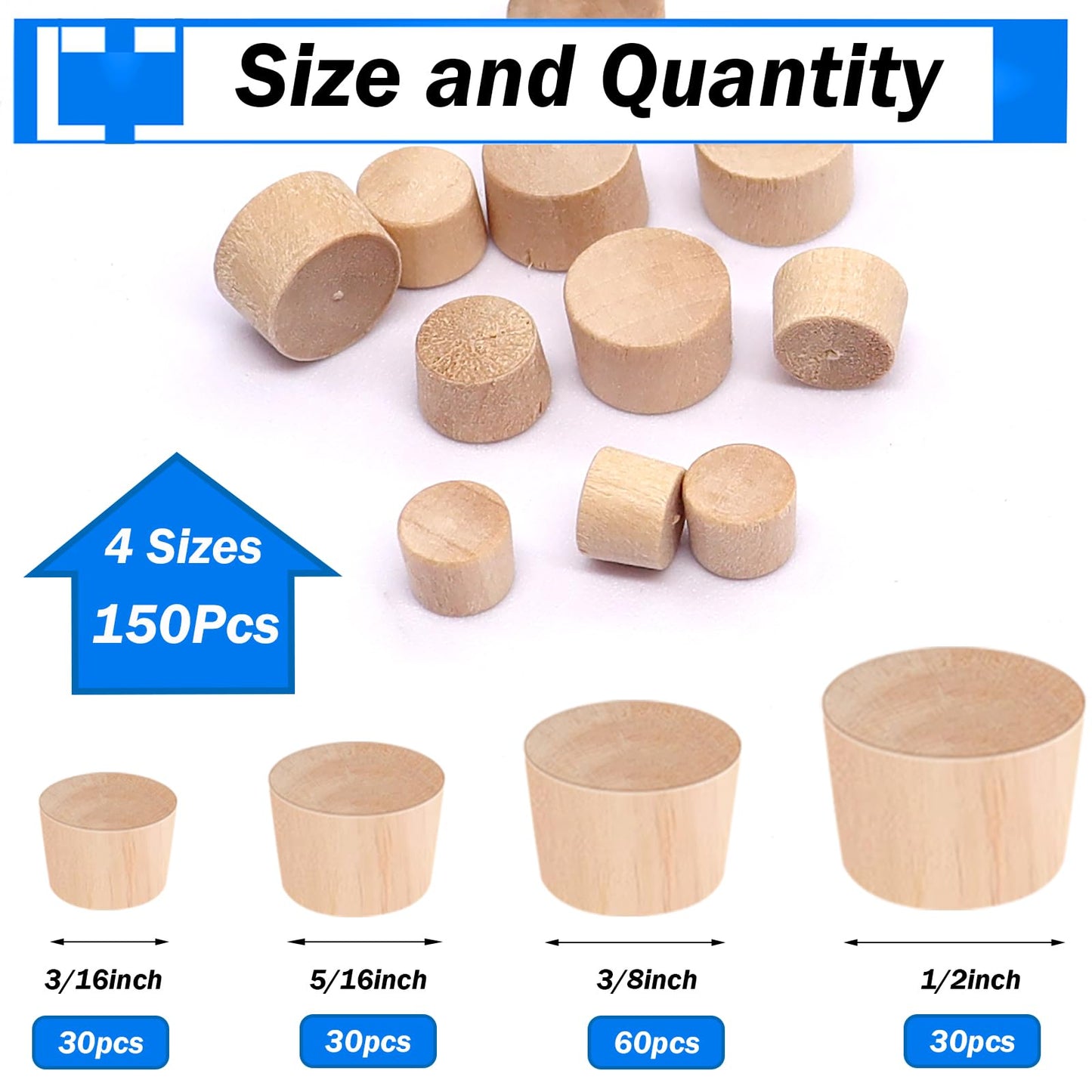 smseace 150Pcs 4-Sizes Wood Plugs 3/16" 5/16"，3/8"，1/2" Wooden Hole Plugs for Holes in Furniture/Table and Chair Legs/Cabinet Reserved Holes/Outdoor Equipment Wood Plugs Assortment Kit