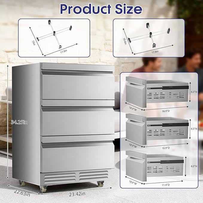 Outdoor 3 Drawers Beverage Refrigerator, 190 Cans 24'' Beverage Fridge with Wheels, Waterproof, All Stainless Steel, Undercounter or Freestanding, 37-64°f, Drink Fridge for Home, Patio & Commercial