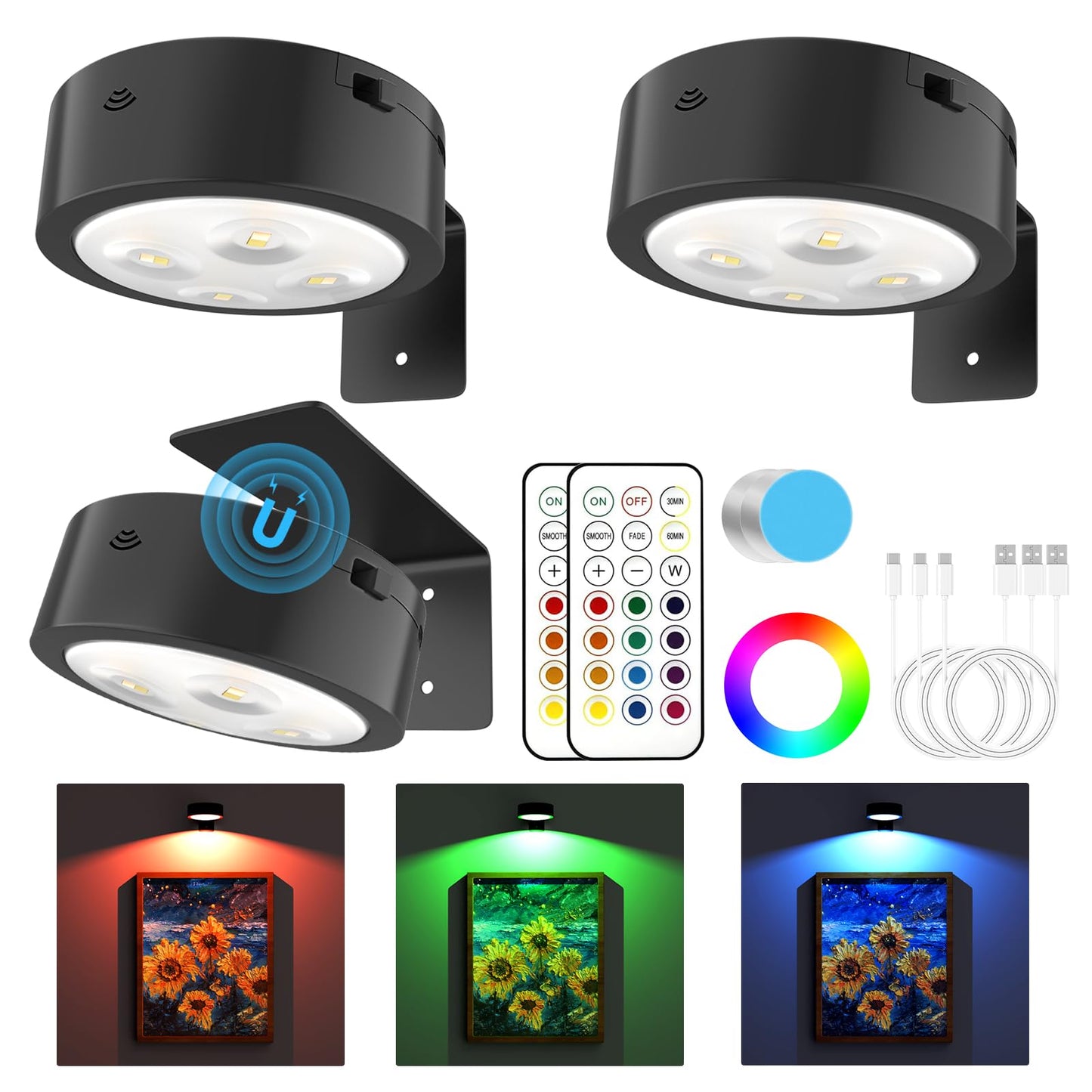 Narotood 3 Pack Picture Lights, RGB Color, Rechargeable Battery Operated, Wireless Magnetic, Remote Control, Black, Model 3BHD00012