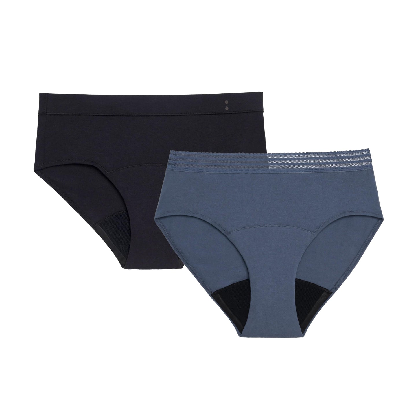 Thinx for All Period Underwear, Everyday Comfort Brief, Holds Up to 12 Regular Tampons*, Period Panties, Leakproof, Reusable & Controls Odor, Black + Storm with Lace, 2 Pack, XL
