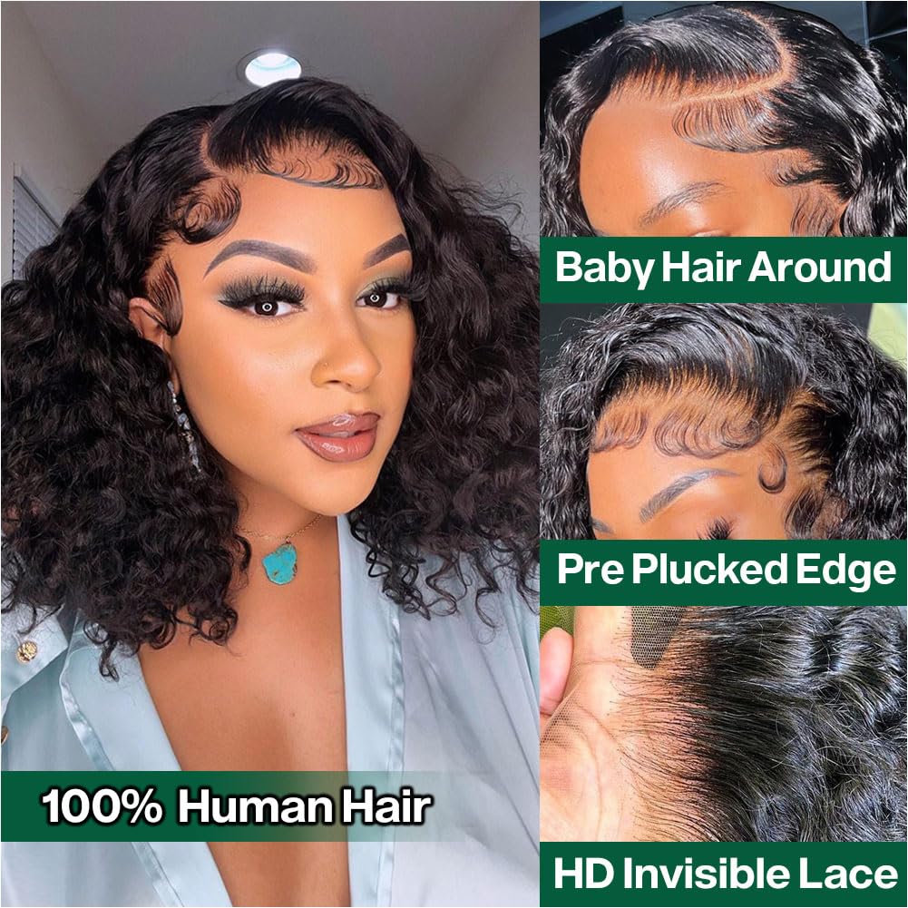 omswet Curly BOB Wig Human Hair 200 Denaity 13x6 HD Lace Front Deep Wave Wigs for Black Women Glueless Wear and Go Pre Plucked D