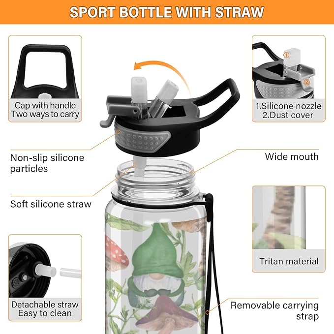 Kigai Mushroom Gnome Clear Water Bottle with Straw Lid, BPA-Free Leakproof Sport Water Bottle 32oz Large Gym Water Jug for Men Women Travel Fitness Outdoor