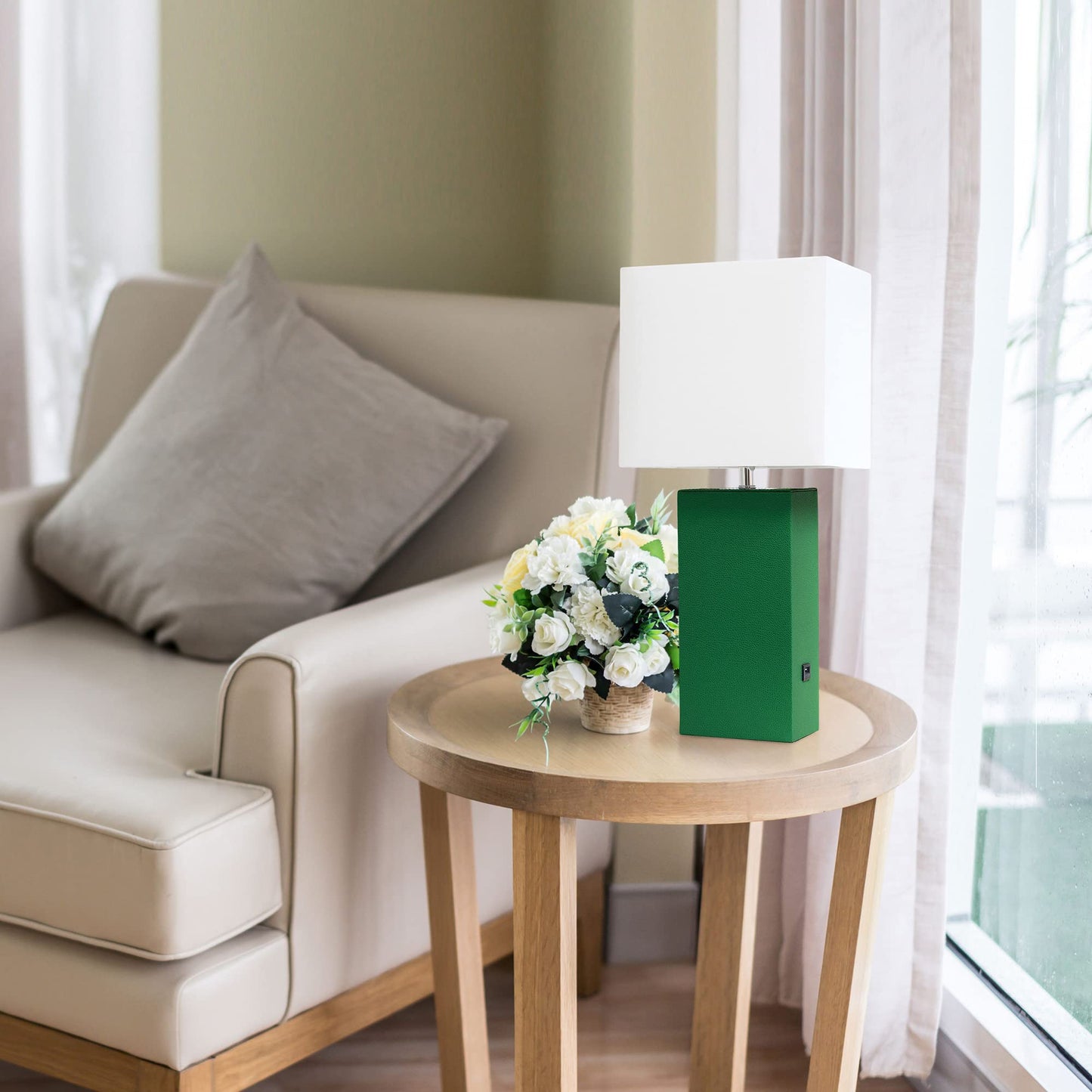 LALIA HOME 21in Leather Base Bedside Table Lamp with USB Charging Port, Green, Model LHT-3012 Family for Living Room, Bedroom, Office