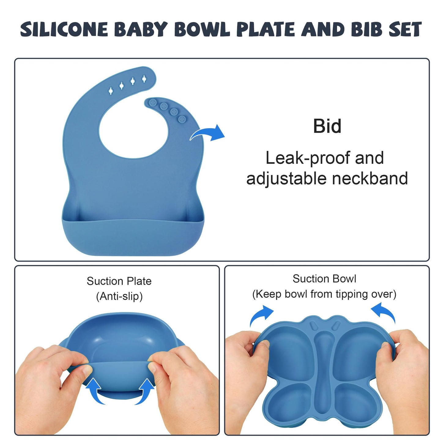 Silicone Baby Feeding Set, Baby Led Weaning Supplies, Silicone Suction Butterfly Plate, Bowl, Spoons, Fork and Waterproof Bib & Cloth Bib, Eating Utensils Baby Feeding Essentials (Blue)