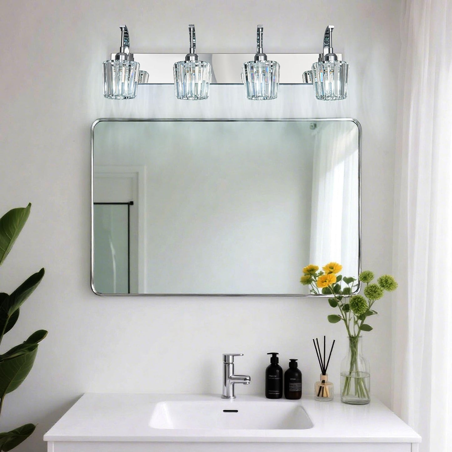 Fdpby Modern Bathroom Vanity Light  4-Light Chrome Wall Sconce With Crystal Accents  Over Mirror Bathroom Lighting Fixture  32.67 Long Dimmable Vanity Lamp For Makeup  Easy Installation