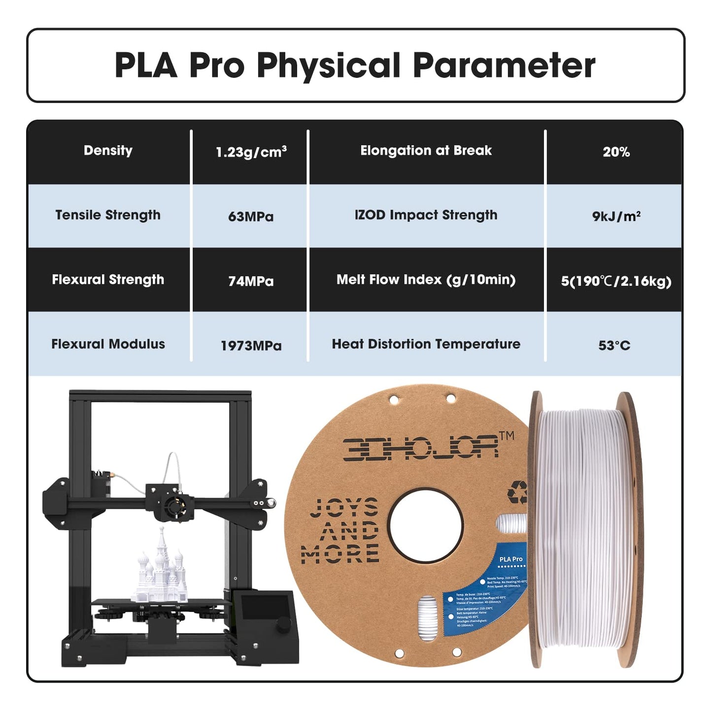3DHoJor PLA Pro Filament 1.75mm Cold White,PLA Plus Filament, Odor Free, Clog Free 3D Printer Filament,1kg Cardboard Spool (2.2lbs), Dimensional Accuracy +/- 0.03 mm, Fit Most FDM 3D Printer