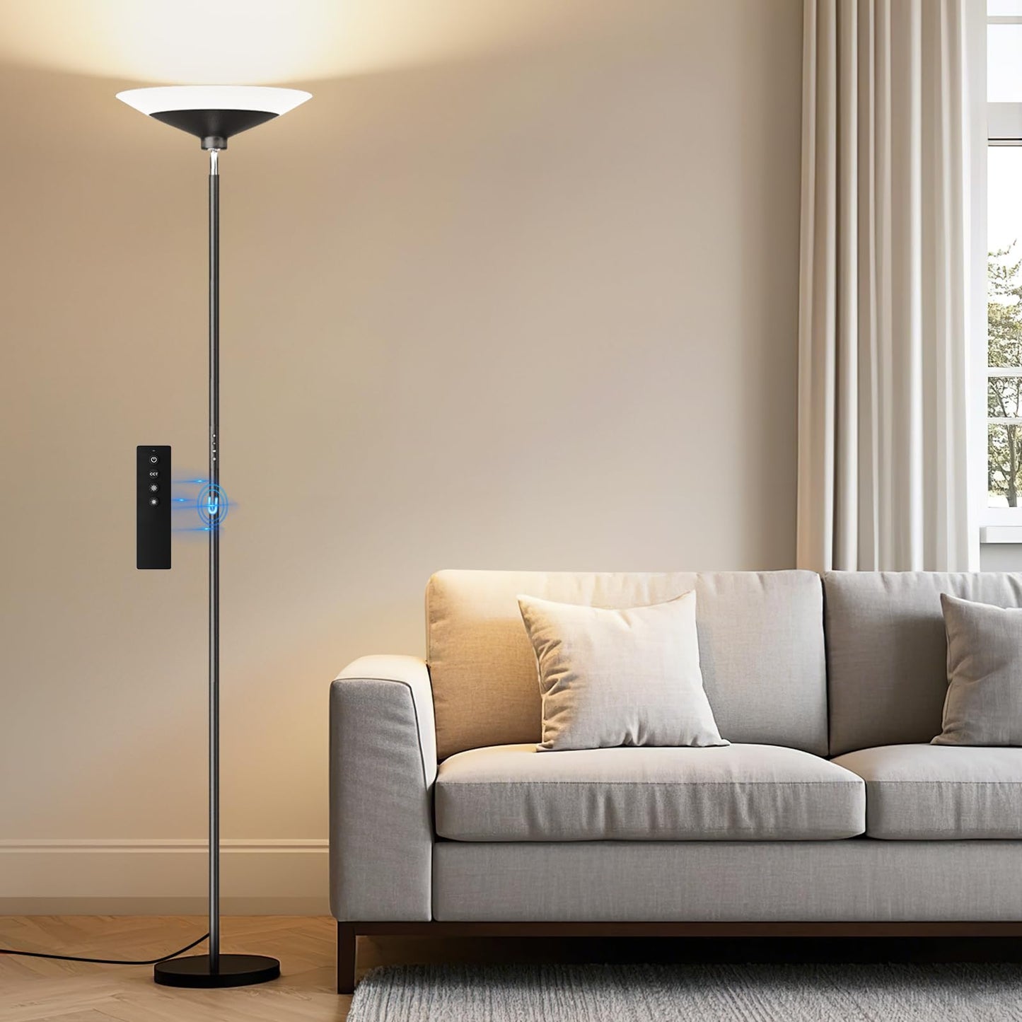 SIBRILLE Torchiere Floor Lamp 72in Tall LED 1800Lm Dimmable Black MF30021