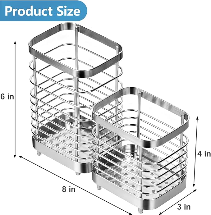 Utensil Holder, Stainless Steel Utensil Drying Rack for Kitchen Counter, Silverware Cutlery Flatware Holder Forks, Knives, Spoons, Chopsticks Organizer (Silver, Tall & Short)