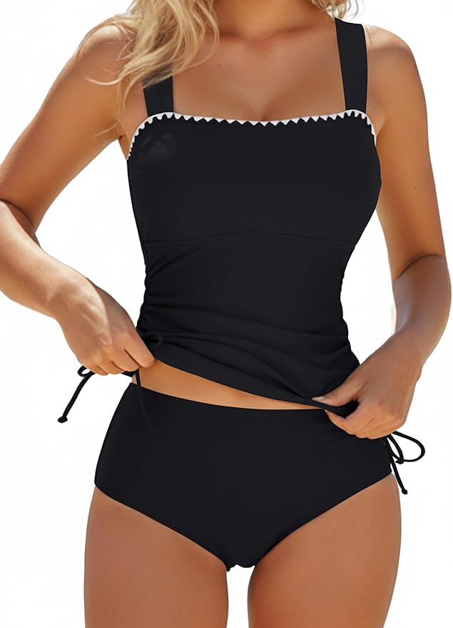 Blooming Jelly Womens Tankini Swimsuits Tummy Control 2 Piece Ruched Drawstring Bathing Suits Shell Stitch Swim Suit