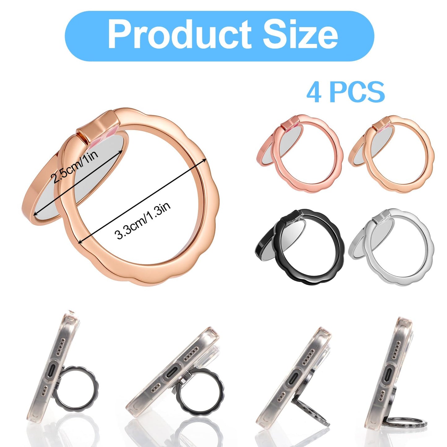 4Pcs Mirror Cell Phone Grip Stand Built-In Mirror For Case, Bow Metal Finger Ring Socket Grip Kickstand Cell Phone Ring Holder F