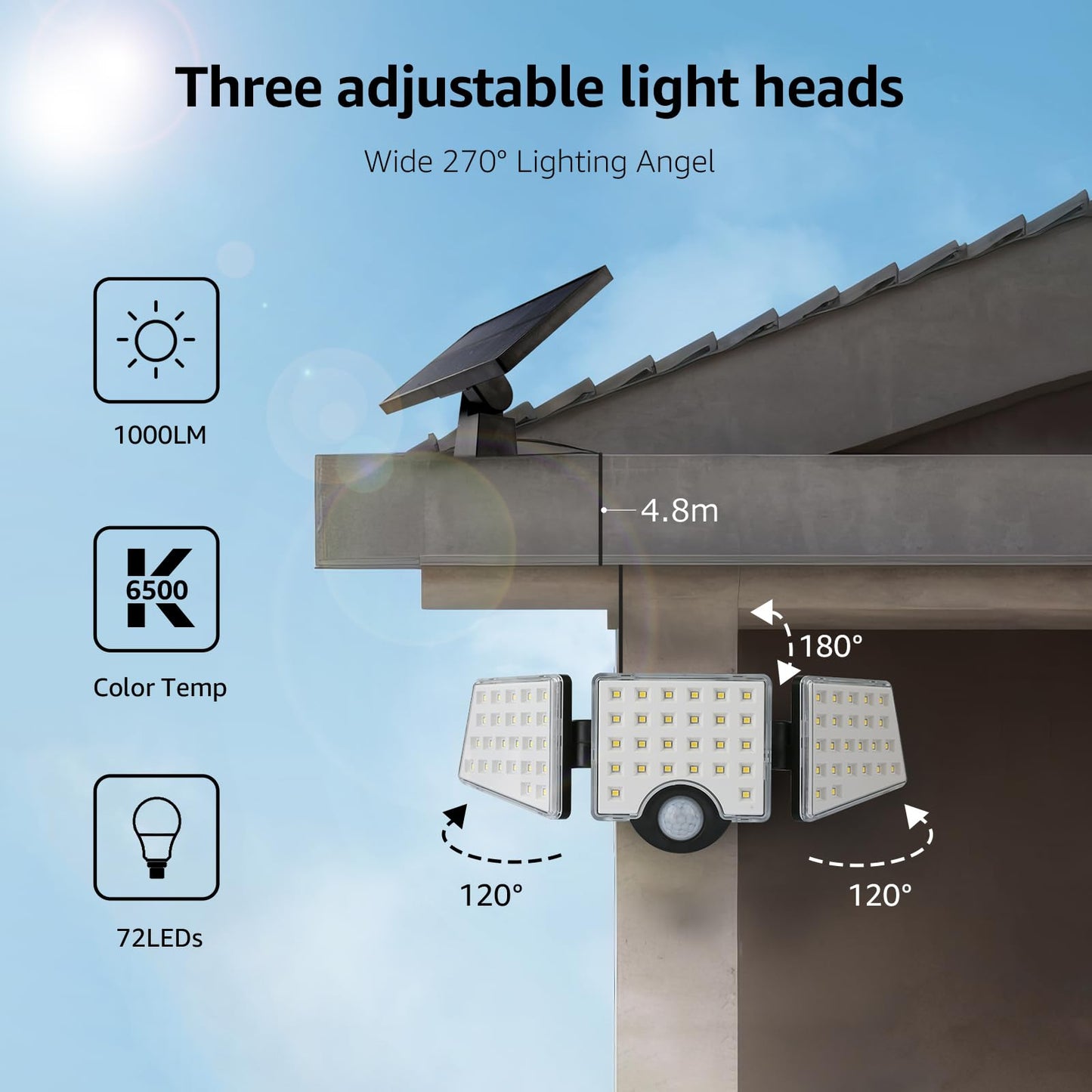 Lepro Solar Lights for Outside, Motion Activated, 3 Adjustable Heads, IP65 Waterproof, Black, Model PR640004-DW