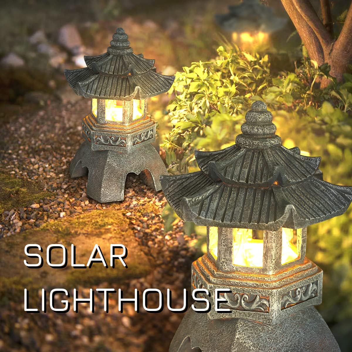 Zen Solar Pagoda Lantern Garden Statue, Indoor/Outdoor Zen Asian Decor for Landscape Balcony, Garden, Patio, Porch Yard Art Ornament