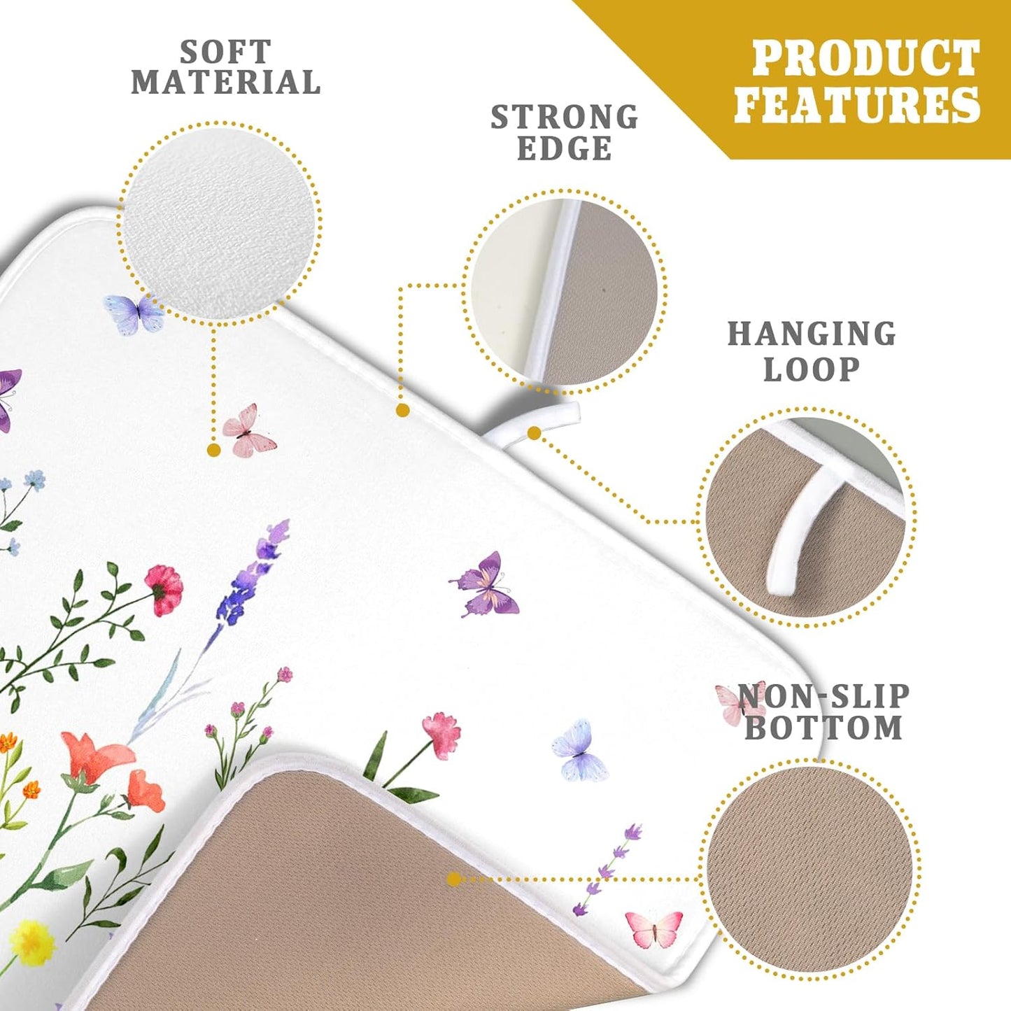 Watercolor Floral Dish Drying Mat for Kitchen Counter 16x18 Inch Spring Summer Wild Flower Butterfly Absorbent Reversible Microfiber Dish Drainer Rack Mats Countertops Protector Mat