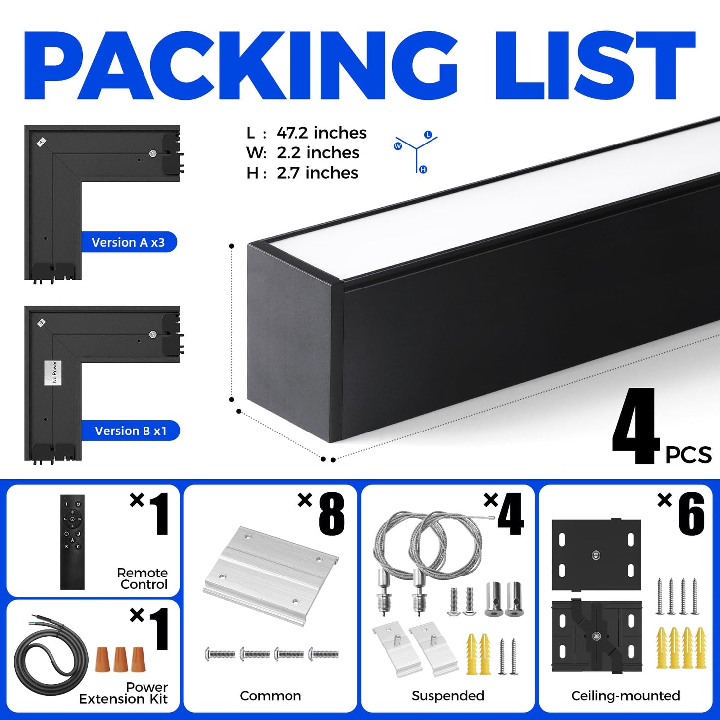 Barrina 5568 Remote Series Led Linear Lights Square Set 5Ft X 5Ft  2Nd-Generation  216W  21600Lm  Seamless Connection  3000K-6000K Color Changing  Suspended Shop Office Lighting With Remote  Black