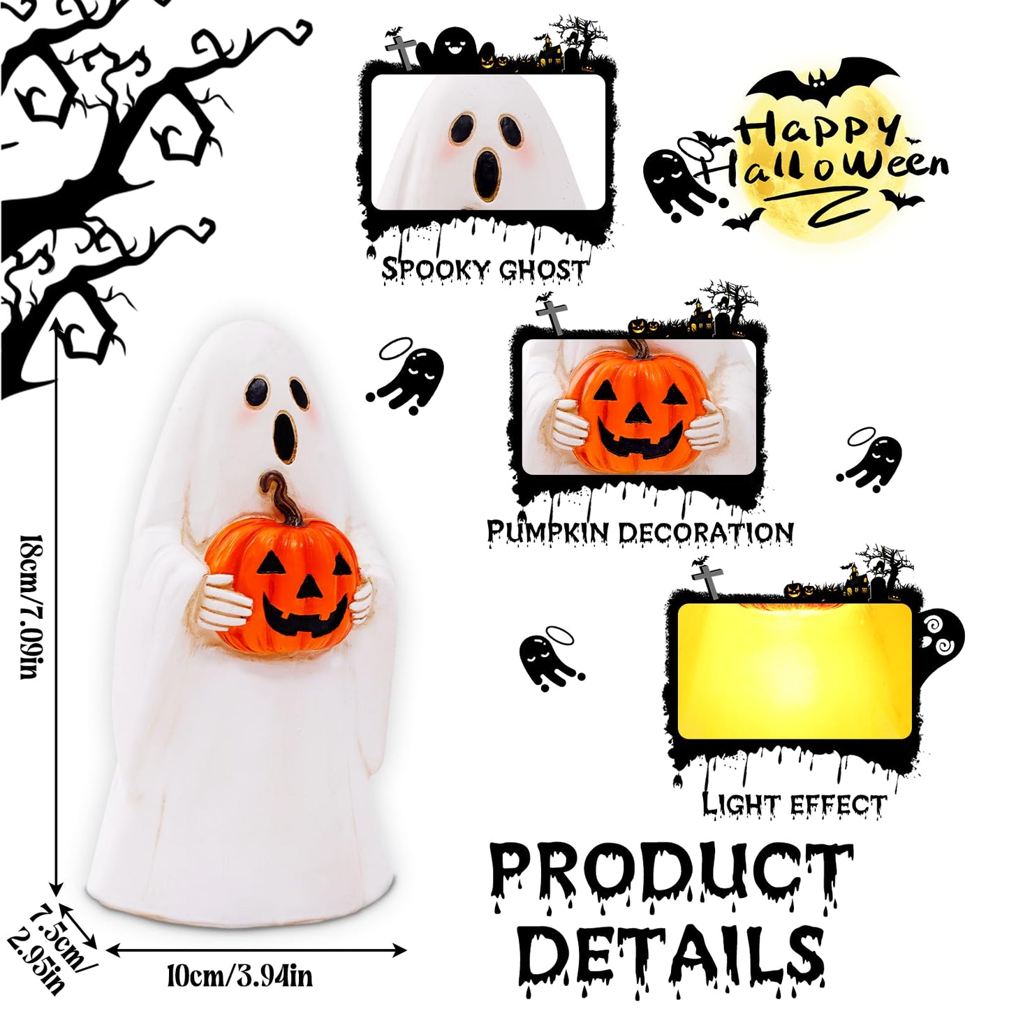 Pohabery Cute Resin Ghost Statue - Solar-Powered Halloween Decor, White, Outdoor Light Up Figurine For Yard & Porch, Model Zf1Bg250501