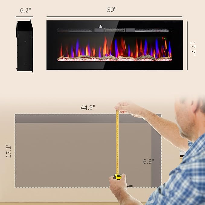 HOMCOM 50" Electric Fireplace Recessed and Wall Mounted with Remote Control, 1500W Fireplace Heater with 8H Timer, Adjustable Flame Color and Brightness, Log and Crystal