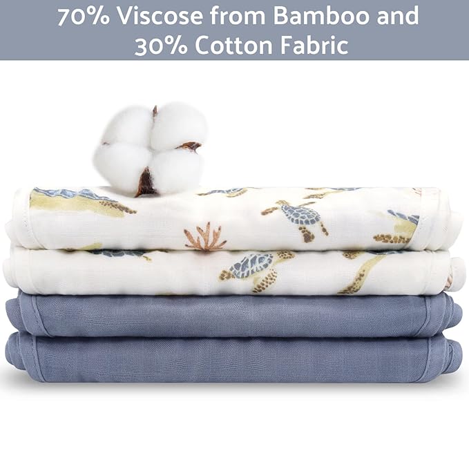 LifeTree Muslin Baby Burp Cloths - 2 Pack 70% Viscose from Bamboo and 30% Cotton Large 22'' by 10'' Absorbent Milk Spit Up Rags - Burping Cloths for Newborn, Girls Boys, Sea Turtle & Solid Blue