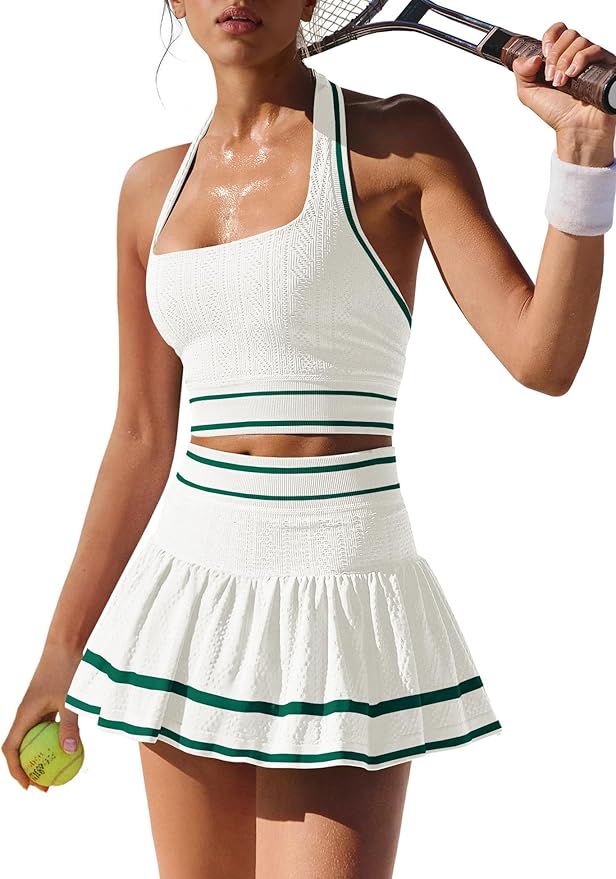 ReachMe Womens Two Piece Tennis Skirt Set 2 Piece Golf Outfits Halter Top and Mini Skorts Matching Workout Sets