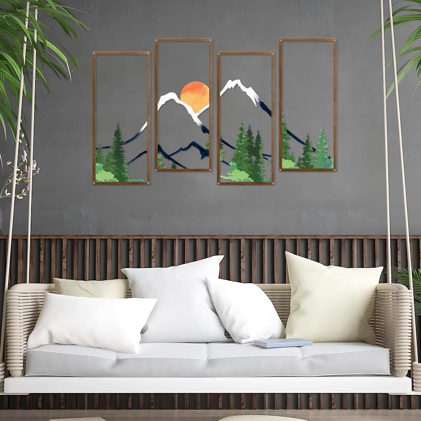 ruelen 4 Pcs Metal Sunset Mountain Forest Wall Decor, Abstract Minimalist Line Drawing Large Colorful Mountains Wall Art Home Decor for Living Room Bathroom Bedroom Office Indoor And Outdoor (Large)