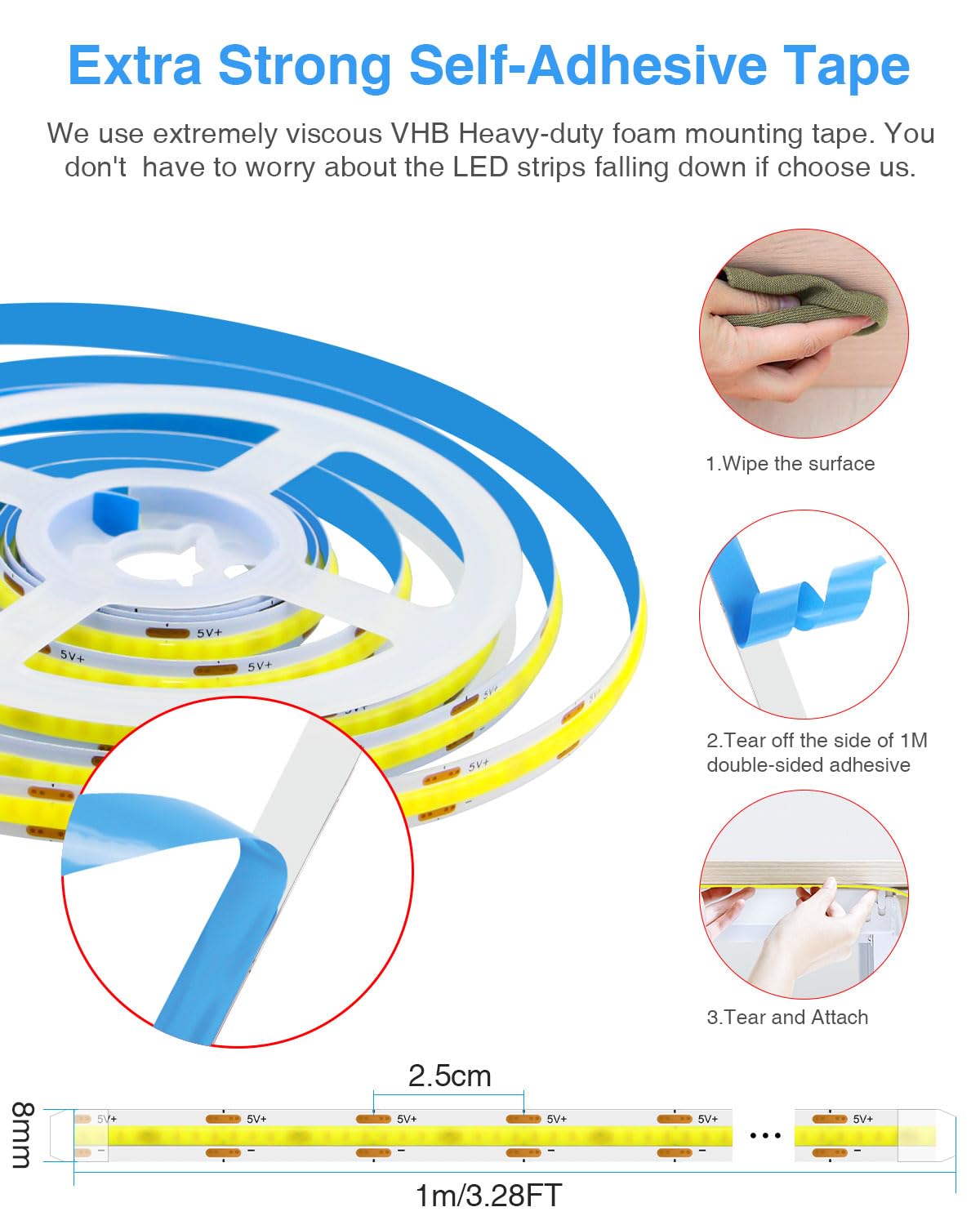 Aclorol Cob Led Strip Light 5V Usb Dimmable Led Strip Light 3000K Warm White 3.28Ft Rope Lights Flexible And Cuttable For Bedroom Wardrobe Kitchen Cupboard Staircase Home Diy Lighting 320Leds (2 Pack)