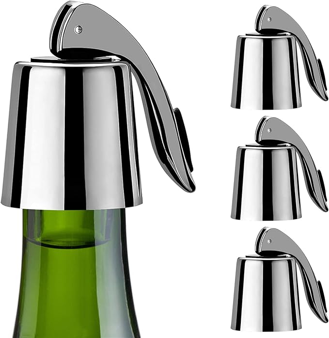 Pafusen Wine Stoppers Set of 4, Stainless Steel Wine Bottle Stopper with Silicone Seal, Reusable Wine Freshness Keep, Wine Saver Wine Bottle Sealer Stopper, Wine Accessories Gift (4 Pack, Silver)