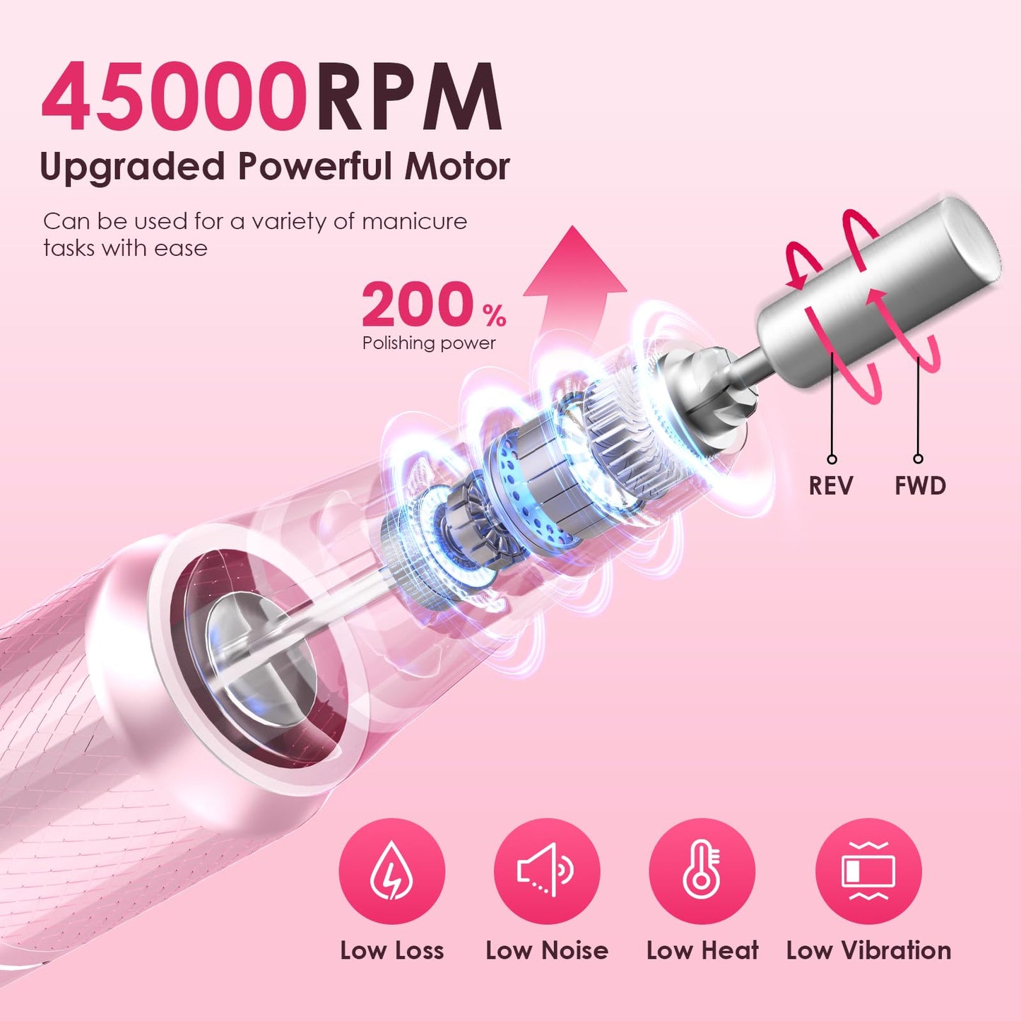 HELIVIVE Professional Electric Nail Drill 45000RPM (Portable & Rechargeable) (with 11 Drill Bits ) Cordless Nail File Machine fo