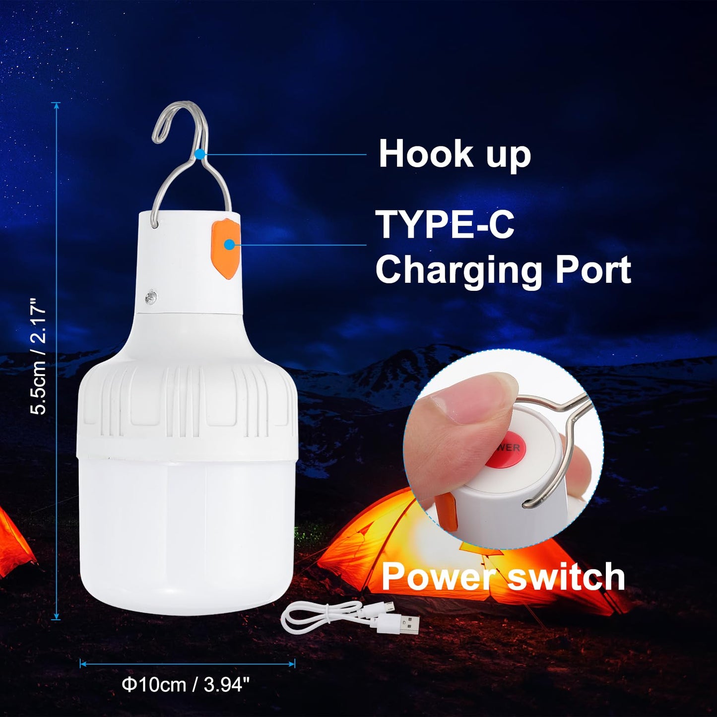 Patikil Camping Lantern  1 Pack Rechargeable Led Tent Lamp Lights Bulb Hanging 3 Lighting Mode Clip Hook Camping  Hiking 60W  White