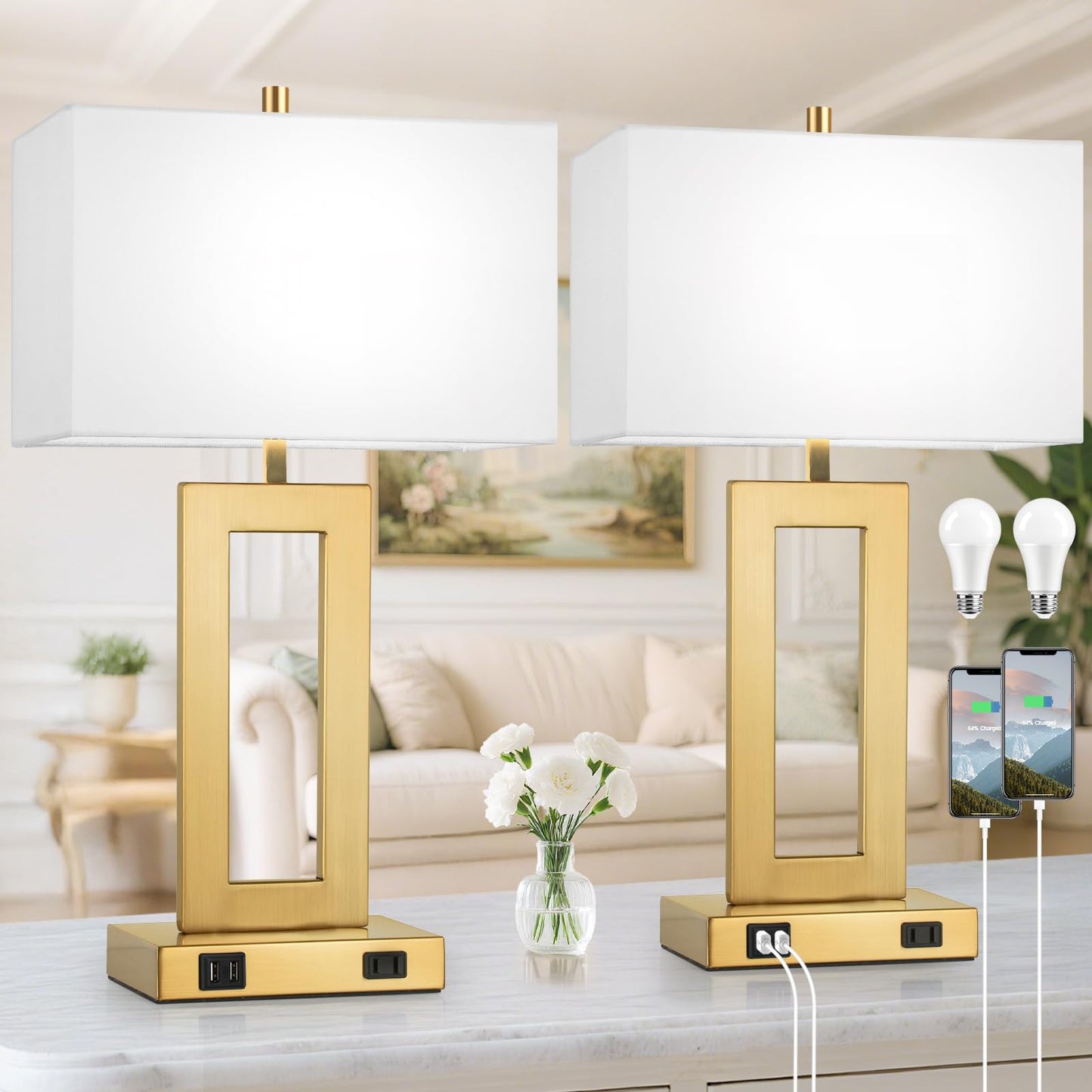 TOBUSA Modern Vintage Gold Table Lamp Set of 2, 28in Tall, White & Gold, Metal, 3-Way Dimmable, 2 USB Ports & AC Outlet, Model