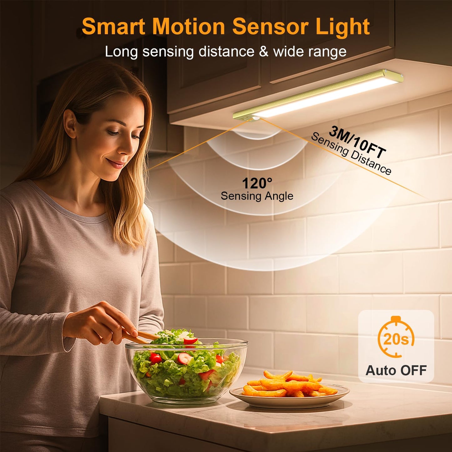 Gritin 10.2Inch Under Cabinet Lighting Rechargeable -84 Led Super Bright 3-Color& 5 Level Brightness 4 Modes Motion Sensor  Long Lasting- Easy Installation Magnetic Closet Lights -2 Pack-Gold