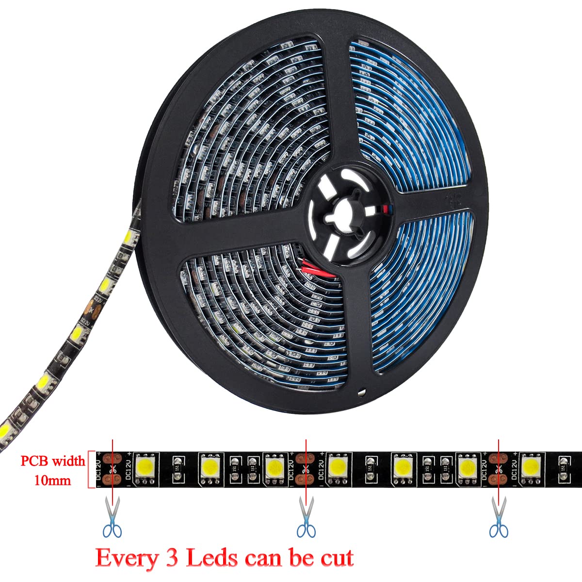 TX 12V LED Strip Light 16.4ft White SMD 5050 IP65 Waterproof Black PCB Model 810