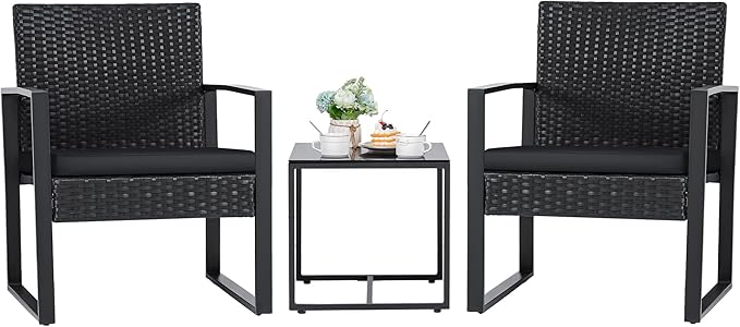 Flamaker 3 Pieces Outdoor Patio Wicker Furniture Set, Modern Rattan Chair Conversation Sets with Coffee Table for Yard and...