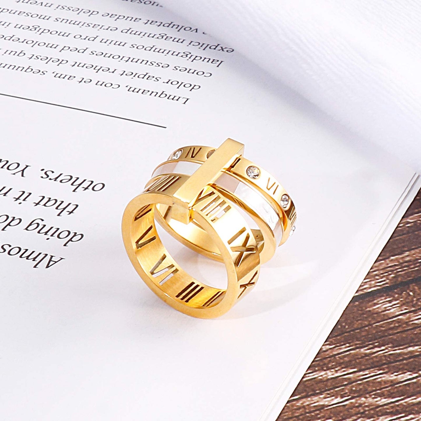 Jarlinwel Stainless Steel CZ Zirconia Roman Numeral Ring For Women Stacking Thumb 3 in 1 Spinner Rings (Gold Shell-Inlaid, 10 Ru