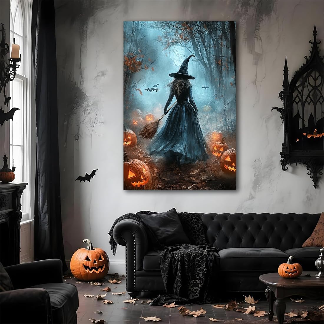 Vintage Moody Halloween Witch Artwork Wall Decor,Spooky Halloween Gothic Canvas Artwork Creepy Horror Witch with A Broom Pumpkin Bats Rustic Forest Picture,Dark Academia Poster,24"x36" Unframed