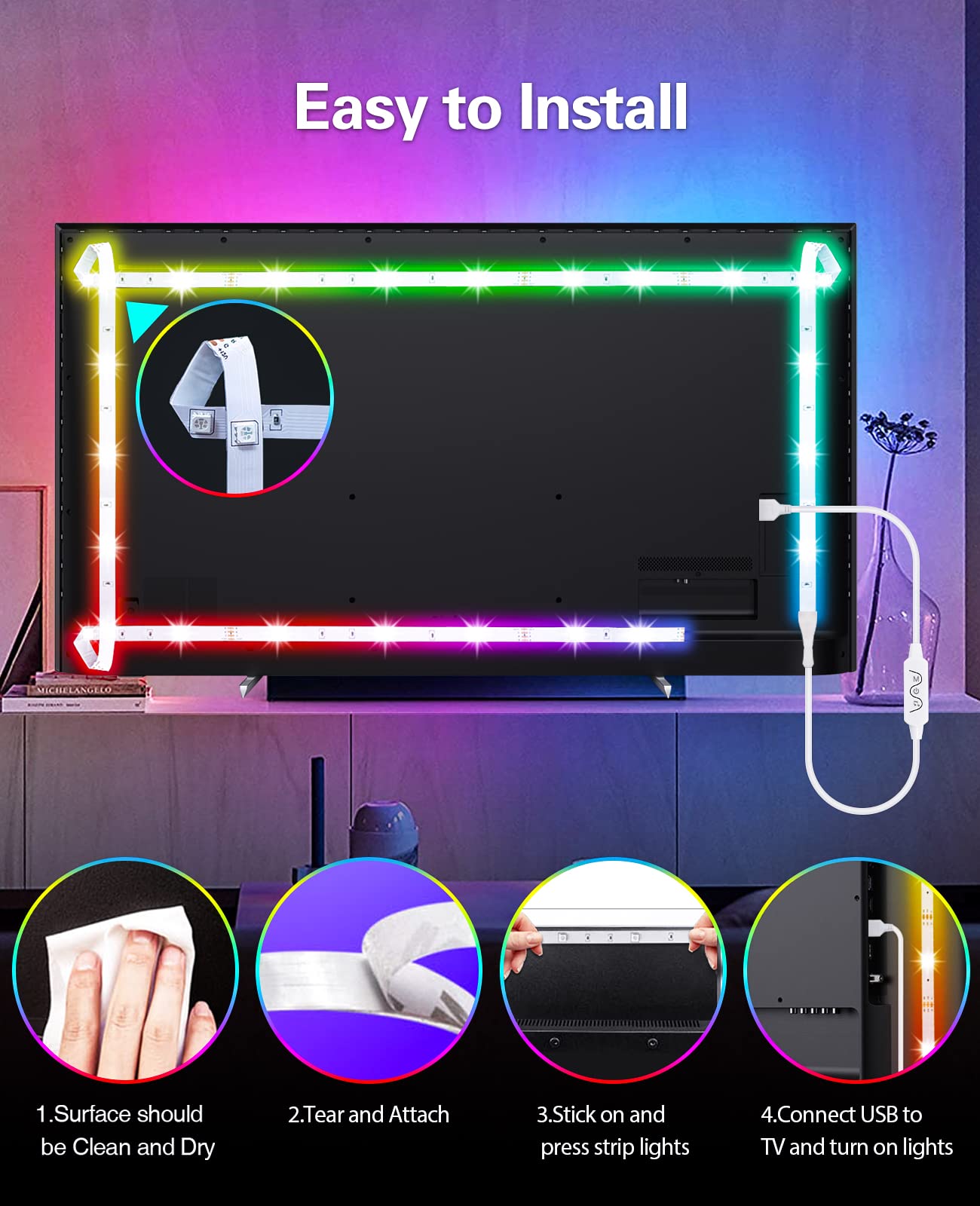 Daymeet RGB LED Backlight for TV, 16.4ft, Bluetooth APP Control, Sync with Music, Model XR-BT-10-5-US, Dreamcolor