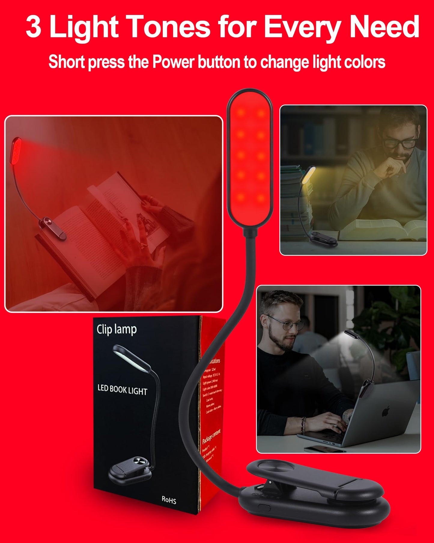 Finezeal 625Nm Red Book Light - Rechargeable Clip On Red Reading Light Therapy For Sleep - No Blue-Light  Poratble Led Book Lamp  Gift For Kids Students Travel Nursing Studying - 3 Adjustable Modes