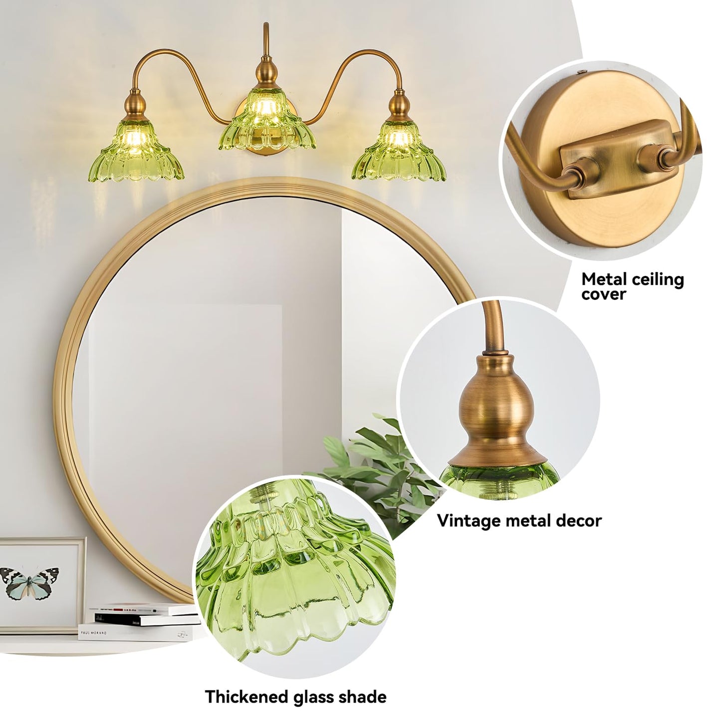 Tlolgt Vintage Bathroom Vanity Light 3-Light Bedroom Vanity Lighting Fixtures Green Wall Sconces For Living Room Hallway Dining Room Kitchen
