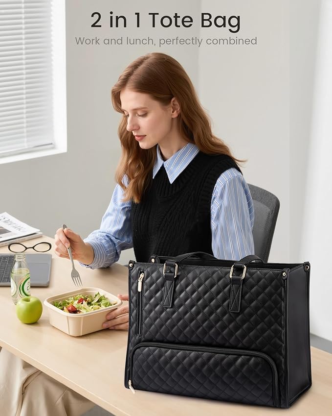 LOVEVOOK Lunch Tote Bag for Women, 15.6 Inch Laptop Bag with Insulated Lunch Compartment, Quilted Large Capacity Computer Handbag with Purse for Business, Work, Nurse, Office, Collage, Casual