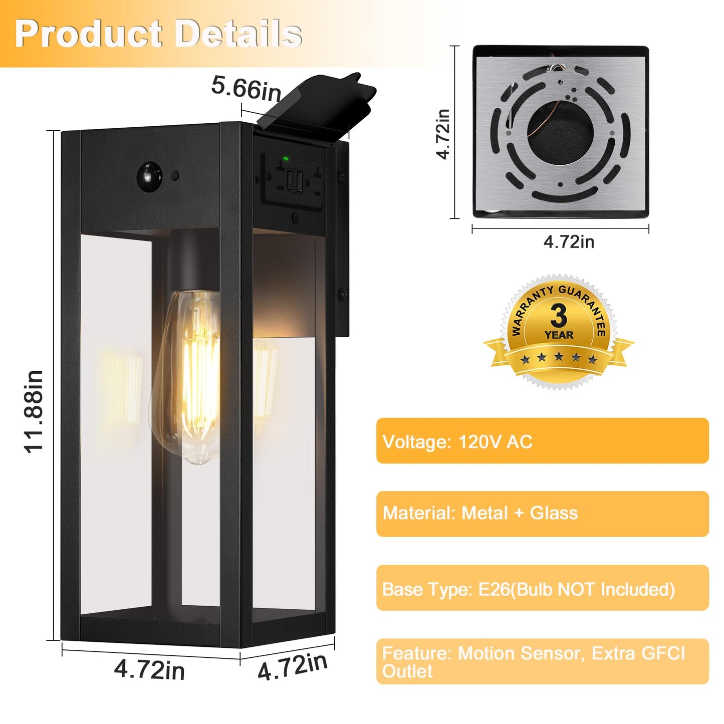 Oykyohei Porch Lights With Gfci Outlet  Dusk To Dawn Motion Sensor Outdoor Lights  2 Lighting Modes Waterproof Anti-Rust Wall Sconce Lantern  Outside Light For House  Black
