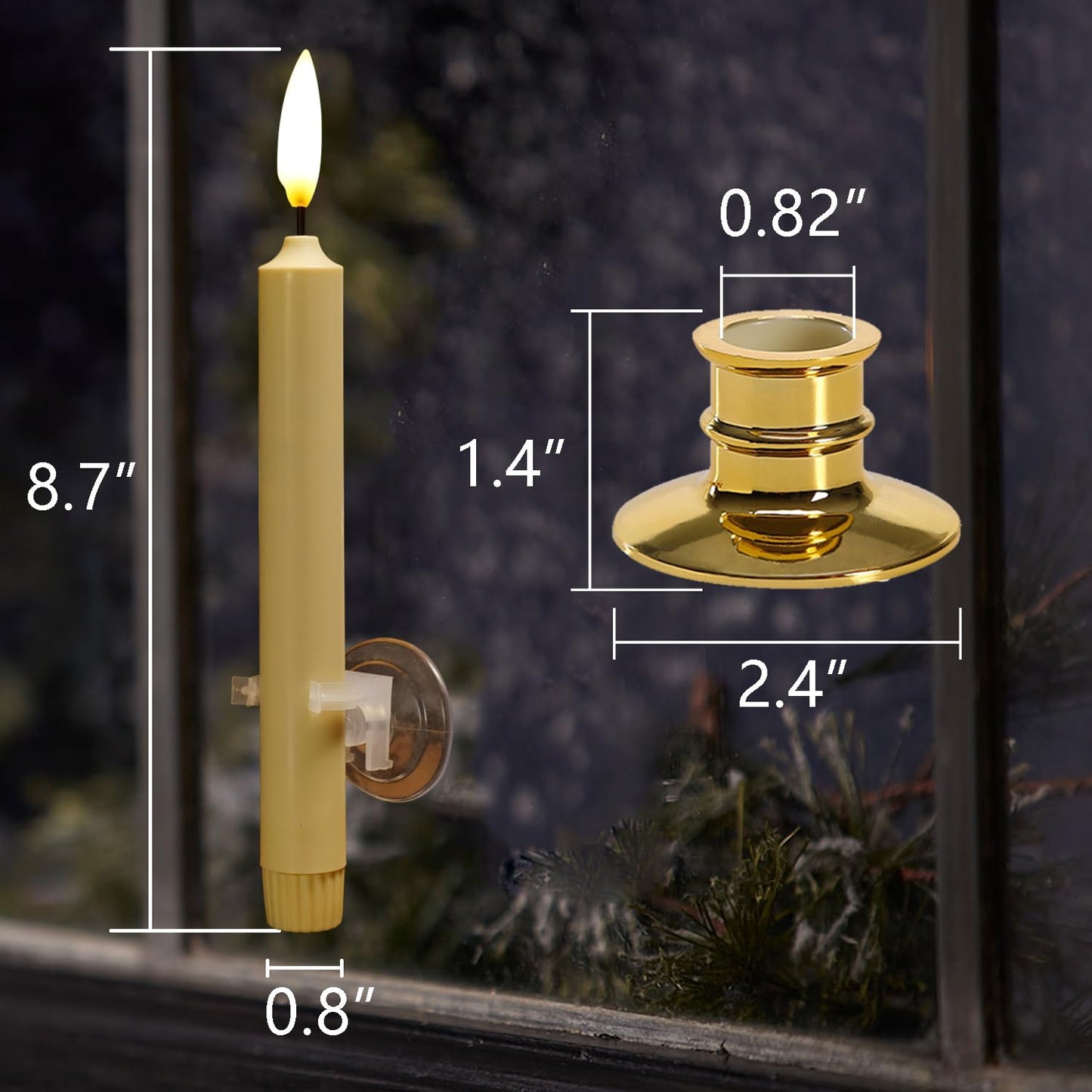 NONNO & ZGF 6 Pack Flameless 8.7'' Window Candles +6 Wreath(with Bows/Bells)+12 AA Batteries(Include)+ 6 Suction Cups+ 6 Golden Candleholders. Battery Powered Ivory Taper Candle with Remote and Timer