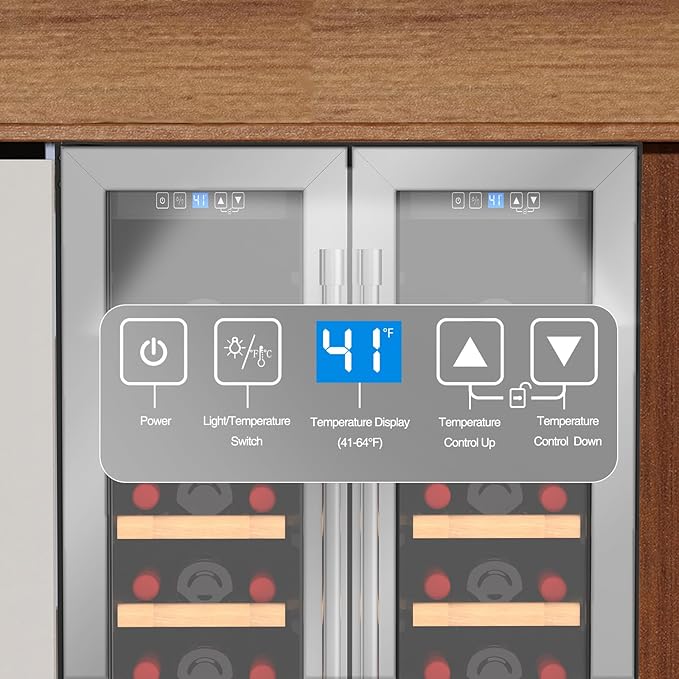 34 Bottles Wine Cooler, 24 Inch Wine Fridge Dual Zone, Built-in or Under Counter, 41-64°F Digital Touchscreen, Triple-Layer Glass, Two French Door Wine Cellar for Home, Commercial, Bar
