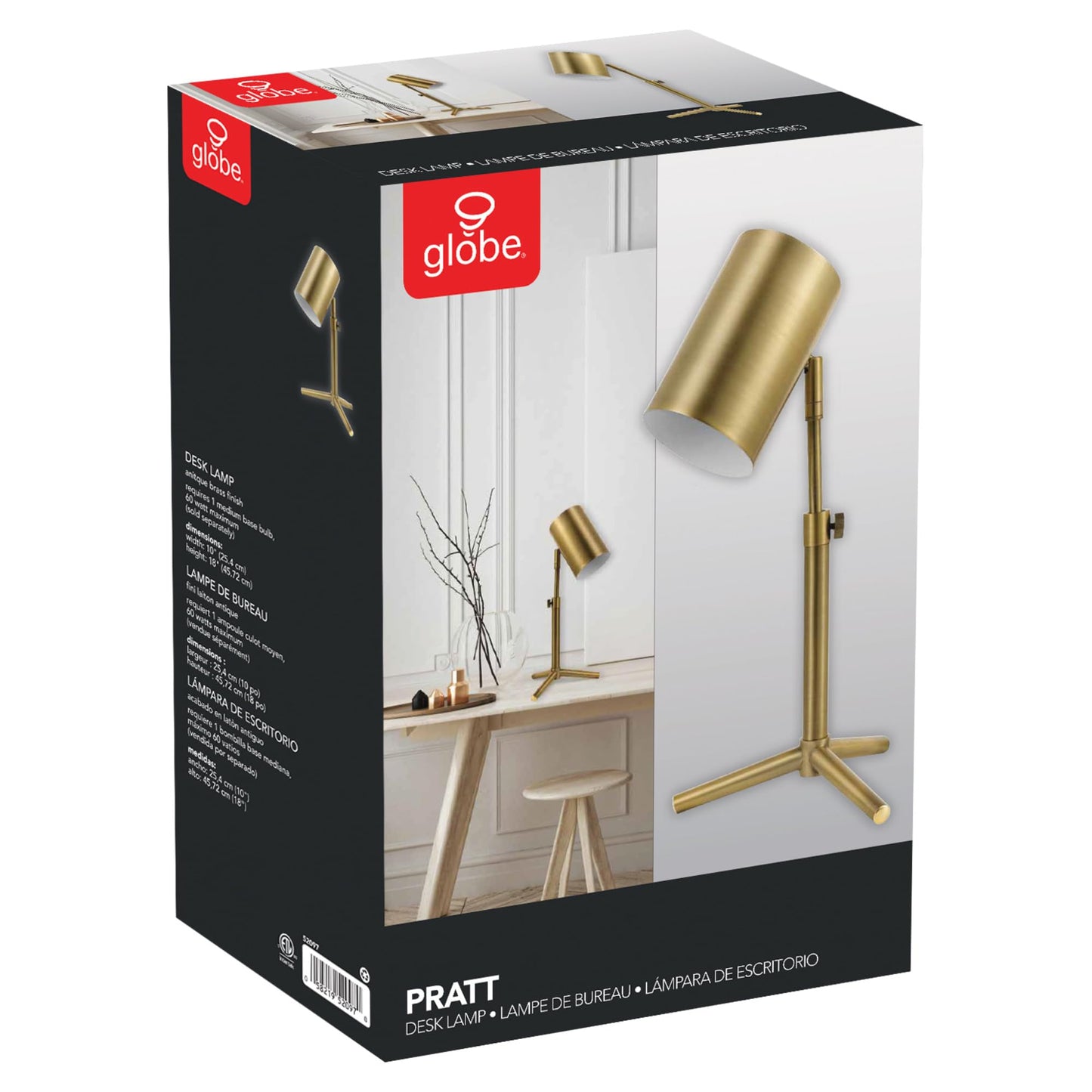 Globe Electric Pratt 18 Desk Lamp, Matte Brass, Adjustable Height, Model 52097, Metal Construction