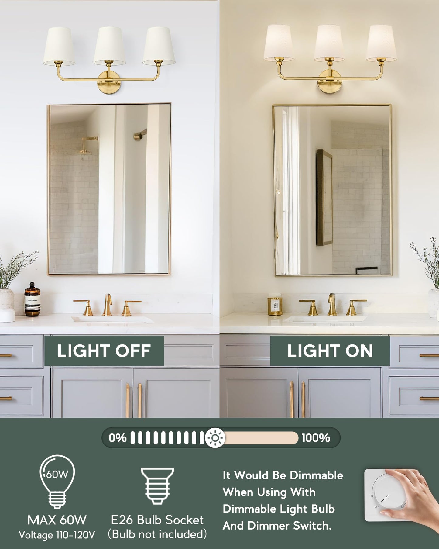 Metwet Bathroom Light Fixtures  Brushed Gold Vanity Lights With Beige Fabric Shade  3-Light Wall Sconce  Modern Sconces Wall Lighting For Hallway Bedroom  Vl837-Bg-B-3