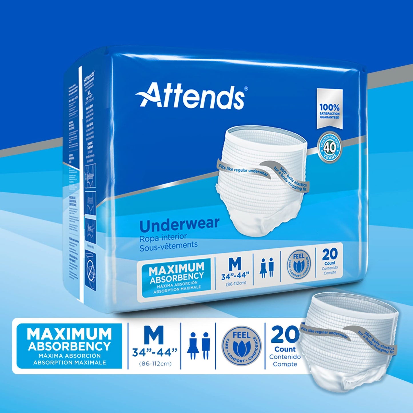 Attends Adult Absorbent Underwear, Medium [80 Count] - Maximum Absorbency for Men and Women - Disposable Pull-On Diapers with Tear-Away Sides and Breathable Waistband - AP0720