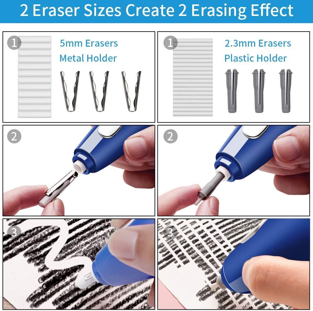 Electric Eraser, 140 Eraser Refills, Electric Pencil Eraser Rechargeable for Artists, Electric Erasers for Drafting, Drawing, Painting, Sketching, Architectural Plans, Detailer Tool-Blue