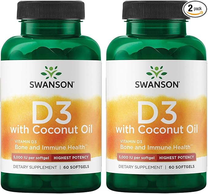 Swanson High Potency Vitamin D-3 w/Coconut - Natural Supplement Promoting Bone Health & Immune System Support - May Help Increase Calcium Absorption - (60 Softgels, 125mcg Each) (2 Pack)