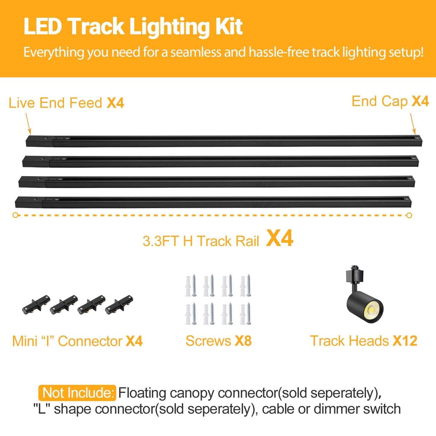 Vanoopee 12-Light Led Track Lighting Kit With 13Ft H Type Track Lighting Rail  Dimmable Led Track Light Heads Modern Kitchen Track Lighting Fixtures Ceiling Spot Light 3000K 24 Cri90+ 10W 800Lm Black